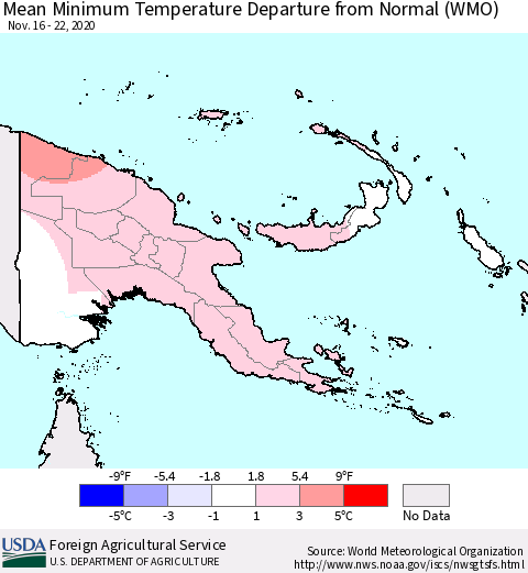 Papua New Guinea Mean Minimum Temperature Departure from Normal (WMO) Thematic Map For 11/16/2020 - 11/22/2020