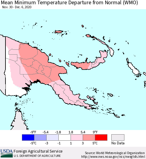 Papua New Guinea Mean Minimum Temperature Departure from Normal (WMO) Thematic Map For 11/30/2020 - 12/6/2020