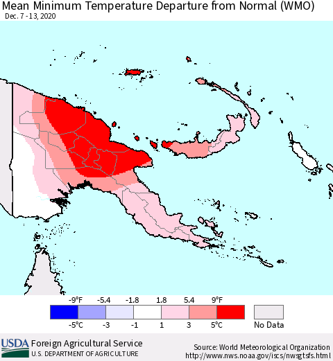 Papua New Guinea Mean Minimum Temperature Departure from Normal (WMO) Thematic Map For 12/7/2020 - 12/13/2020