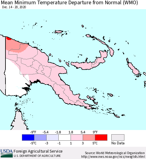 Papua New Guinea Mean Minimum Temperature Departure from Normal (WMO) Thematic Map For 12/14/2020 - 12/20/2020