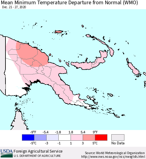 Papua New Guinea Mean Minimum Temperature Departure from Normal (WMO) Thematic Map For 12/21/2020 - 12/27/2020