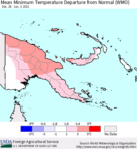 Papua New Guinea Mean Minimum Temperature Departure from Normal (WMO) Thematic Map For 12/28/2020 - 1/3/2021