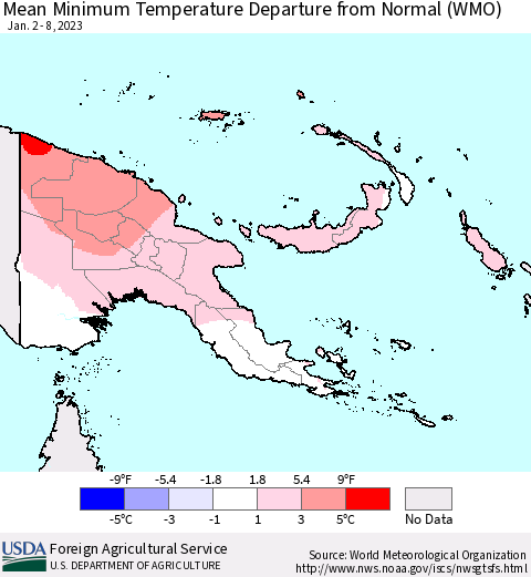 Papua New Guinea Mean Minimum Temperature Departure from Normal (WMO) Thematic Map For 1/2/2023 - 1/8/2023