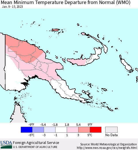 Papua New Guinea Mean Minimum Temperature Departure from Normal (WMO) Thematic Map For 1/9/2023 - 1/15/2023