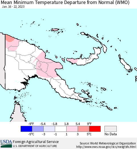 Papua New Guinea Mean Minimum Temperature Departure from Normal (WMO) Thematic Map For 1/16/2023 - 1/22/2023