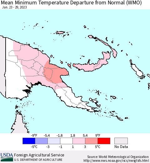 Papua New Guinea Mean Minimum Temperature Departure from Normal (WMO) Thematic Map For 1/23/2023 - 1/29/2023
