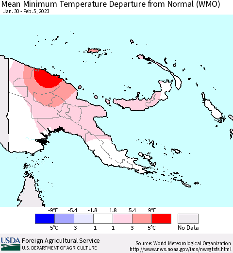 Papua New Guinea Mean Minimum Temperature Departure from Normal (WMO) Thematic Map For 1/30/2023 - 2/5/2023
