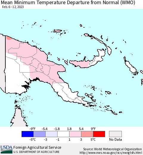 Papua New Guinea Mean Minimum Temperature Departure from Normal (WMO) Thematic Map For 2/6/2023 - 2/12/2023