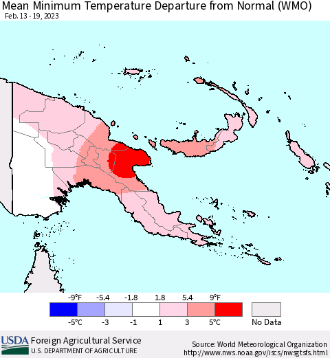 Papua New Guinea Mean Minimum Temperature Departure from Normal (WMO) Thematic Map For 2/13/2023 - 2/19/2023