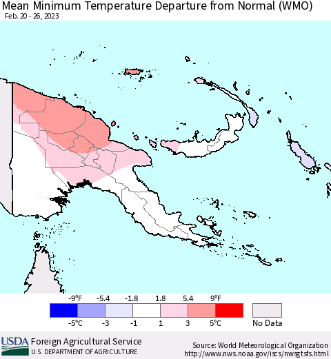 Papua New Guinea Mean Minimum Temperature Departure from Normal (WMO) Thematic Map For 2/20/2023 - 2/26/2023