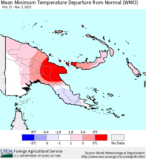 Papua New Guinea Mean Minimum Temperature Departure from Normal (WMO) Thematic Map For 2/27/2023 - 3/5/2023
