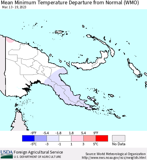 Papua New Guinea Mean Minimum Temperature Departure from Normal (WMO) Thematic Map For 3/13/2023 - 3/19/2023