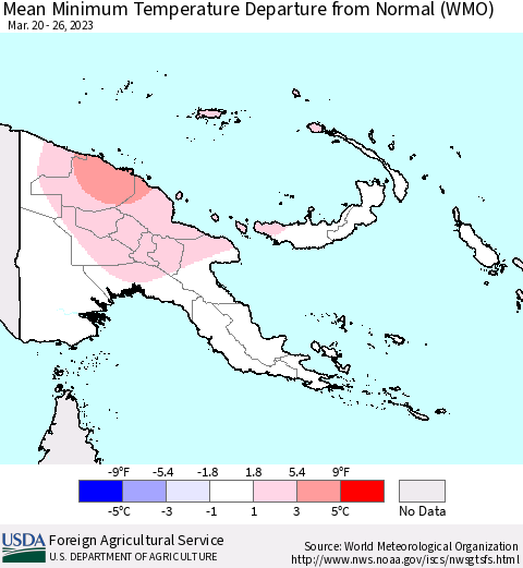 Papua New Guinea Mean Minimum Temperature Departure from Normal (WMO) Thematic Map For 3/20/2023 - 3/26/2023