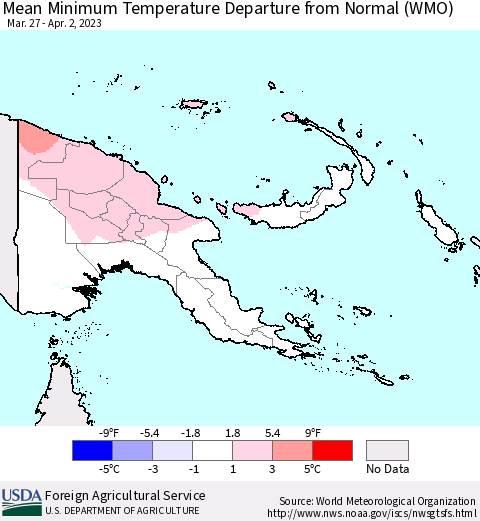 Papua New Guinea Mean Minimum Temperature Departure from Normal (WMO) Thematic Map For 3/27/2023 - 4/2/2023