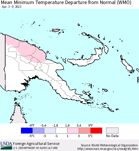 Papua New Guinea Mean Minimum Temperature Departure from Normal (WMO) Thematic Map For 4/3/2023 - 4/9/2023