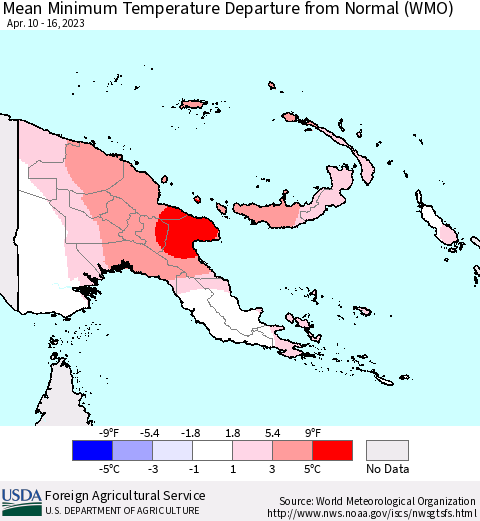 Papua New Guinea Mean Minimum Temperature Departure from Normal (WMO) Thematic Map For 4/10/2023 - 4/16/2023