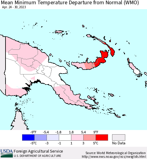 Papua New Guinea Mean Minimum Temperature Departure from Normal (WMO) Thematic Map For 4/24/2023 - 4/30/2023