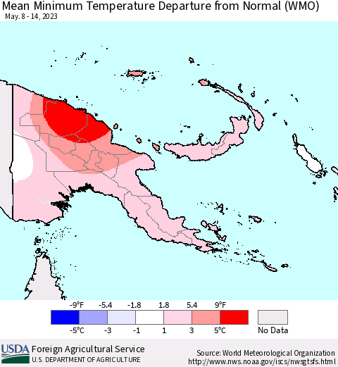 Papua New Guinea Mean Minimum Temperature Departure from Normal (WMO) Thematic Map For 5/8/2023 - 5/14/2023