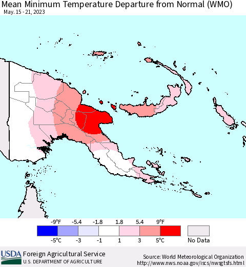 Papua New Guinea Mean Minimum Temperature Departure from Normal (WMO) Thematic Map For 5/15/2023 - 5/21/2023