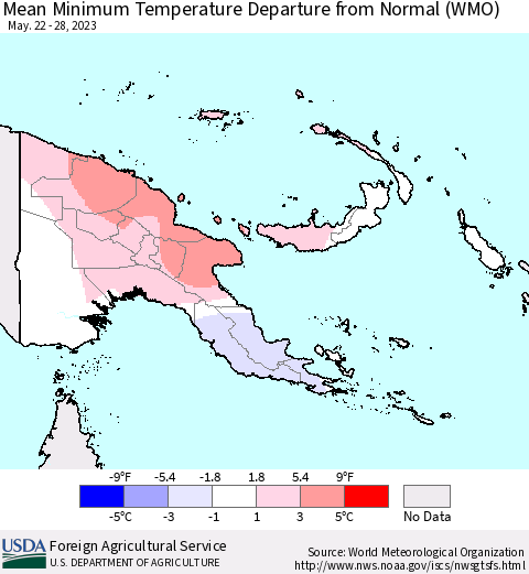 Papua New Guinea Mean Minimum Temperature Departure from Normal (WMO) Thematic Map For 5/22/2023 - 5/28/2023