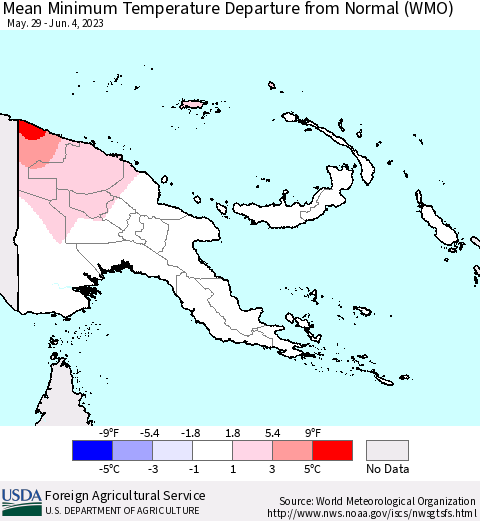 Papua New Guinea Mean Minimum Temperature Departure from Normal (WMO) Thematic Map For 5/29/2023 - 6/4/2023