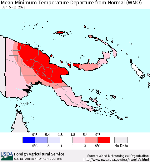 Papua New Guinea Mean Minimum Temperature Departure from Normal (WMO) Thematic Map For 6/5/2023 - 6/11/2023