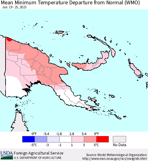 Papua New Guinea Mean Minimum Temperature Departure from Normal (WMO) Thematic Map For 6/19/2023 - 6/25/2023