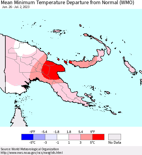 Papua New Guinea Mean Minimum Temperature Departure from Normal (WMO) Thematic Map For 6/26/2023 - 7/2/2023