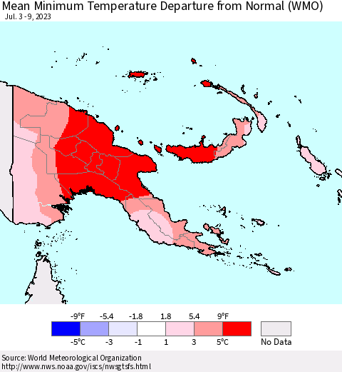 Papua New Guinea Mean Minimum Temperature Departure from Normal (WMO) Thematic Map For 7/3/2023 - 7/9/2023