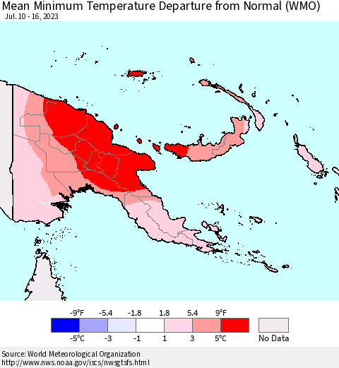 Papua New Guinea Mean Minimum Temperature Departure from Normal (WMO) Thematic Map For 7/10/2023 - 7/16/2023