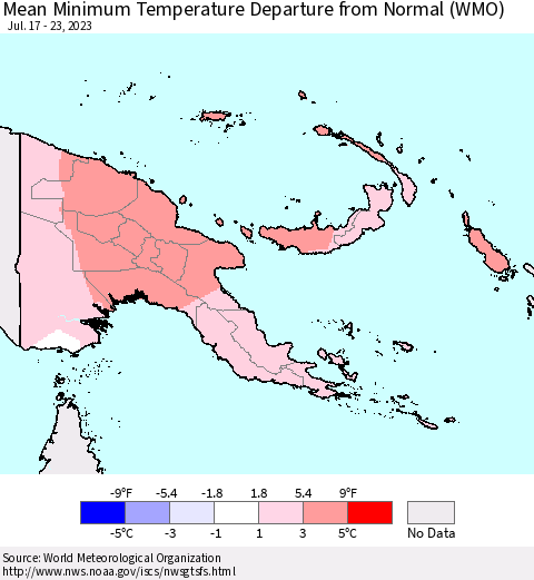 Papua New Guinea Mean Minimum Temperature Departure from Normal (WMO) Thematic Map For 7/17/2023 - 7/23/2023