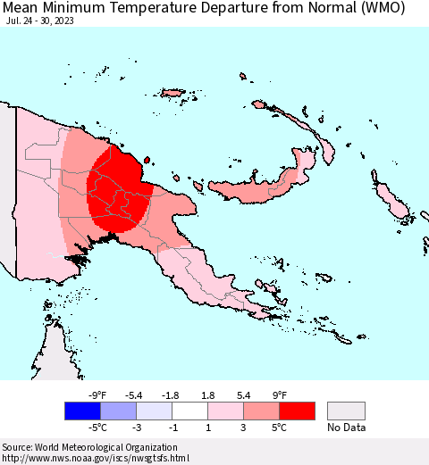 Papua New Guinea Mean Minimum Temperature Departure from Normal (WMO) Thematic Map For 7/24/2023 - 7/30/2023