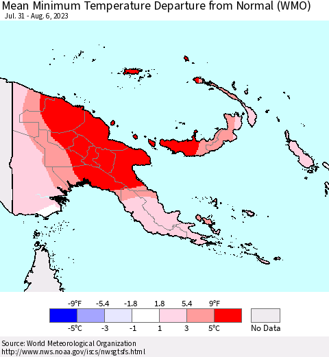 Papua New Guinea Mean Minimum Temperature Departure from Normal (WMO) Thematic Map For 7/31/2023 - 8/6/2023