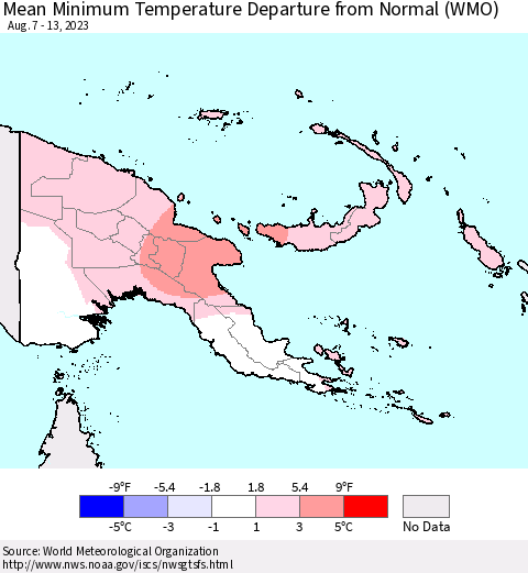 Papua New Guinea Mean Minimum Temperature Departure from Normal (WMO) Thematic Map For 8/7/2023 - 8/13/2023
