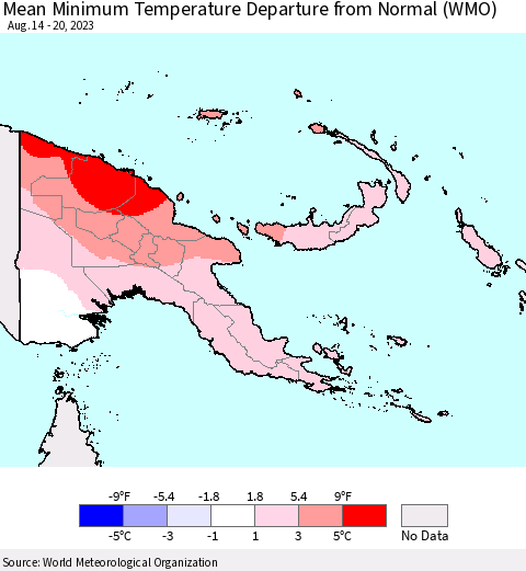 Papua New Guinea Mean Minimum Temperature Departure from Normal (WMO) Thematic Map For 8/14/2023 - 8/20/2023
