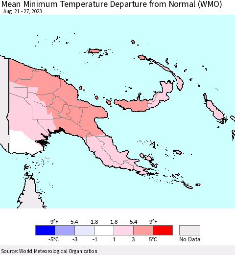 Papua New Guinea Mean Minimum Temperature Departure from Normal (WMO) Thematic Map For 8/21/2023 - 8/27/2023