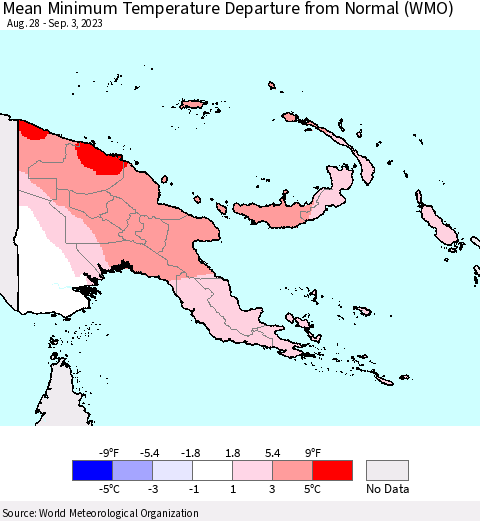 Papua New Guinea Mean Minimum Temperature Departure from Normal (WMO) Thematic Map For 8/28/2023 - 9/3/2023