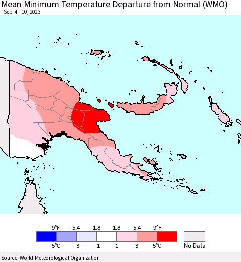 Papua New Guinea Mean Minimum Temperature Departure from Normal (WMO) Thematic Map For 9/4/2023 - 9/10/2023