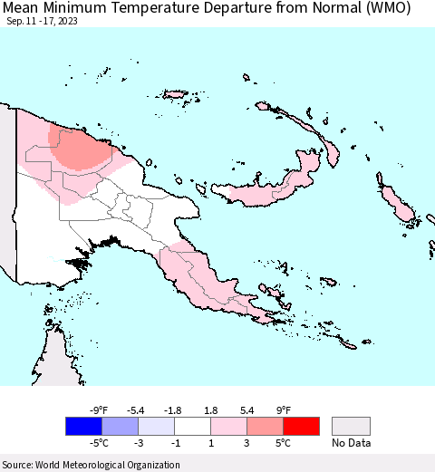 Papua New Guinea Mean Minimum Temperature Departure from Normal (WMO) Thematic Map For 9/11/2023 - 9/17/2023