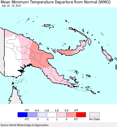 Papua New Guinea Mean Minimum Temperature Departure from Normal (WMO) Thematic Map For 9/18/2023 - 9/24/2023