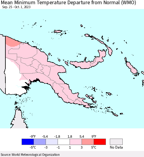 Papua New Guinea Mean Minimum Temperature Departure from Normal (WMO) Thematic Map For 9/25/2023 - 10/1/2023