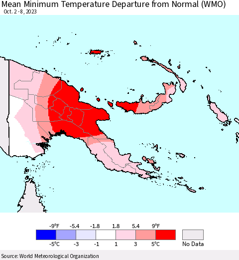 Papua New Guinea Mean Minimum Temperature Departure from Normal (WMO) Thematic Map For 10/2/2023 - 10/8/2023