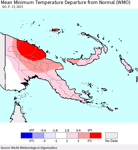 Papua New Guinea Mean Minimum Temperature Departure from Normal (WMO) Thematic Map For 10/9/2023 - 10/15/2023