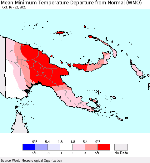 Papua New Guinea Mean Minimum Temperature Departure from Normal (WMO) Thematic Map For 10/16/2023 - 10/22/2023