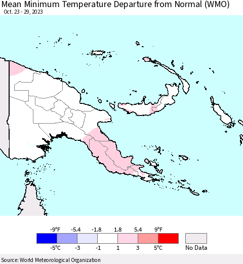 Papua New Guinea Mean Minimum Temperature Departure from Normal (WMO) Thematic Map For 10/23/2023 - 10/29/2023