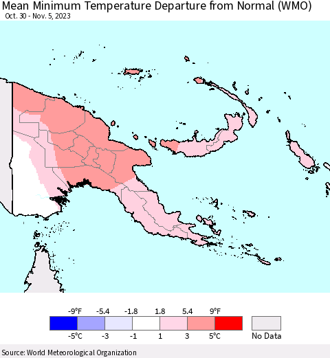 Papua New Guinea Mean Minimum Temperature Departure from Normal (WMO) Thematic Map For 10/30/2023 - 11/5/2023