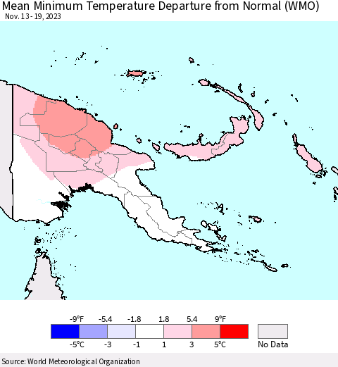 Papua New Guinea Mean Minimum Temperature Departure from Normal (WMO) Thematic Map For 11/13/2023 - 11/19/2023