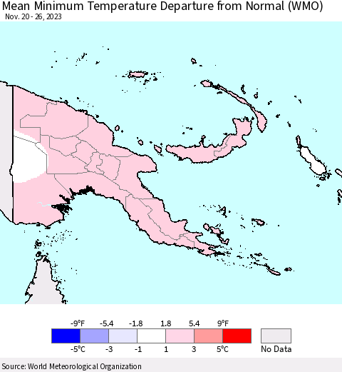 Papua New Guinea Mean Minimum Temperature Departure from Normal (WMO) Thematic Map For 11/20/2023 - 11/26/2023