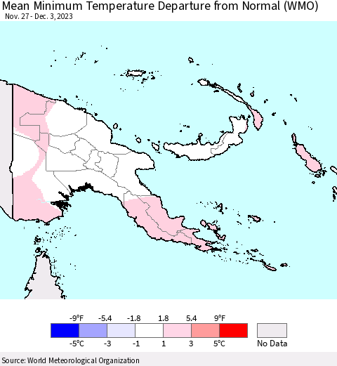 Papua New Guinea Mean Minimum Temperature Departure from Normal (WMO) Thematic Map For 11/27/2023 - 12/3/2023