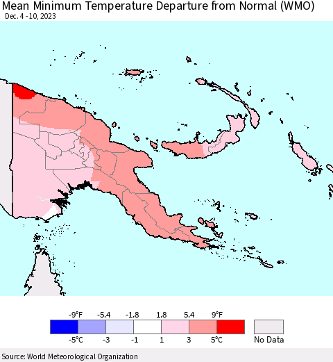 Papua New Guinea Mean Minimum Temperature Departure from Normal (WMO) Thematic Map For 12/4/2023 - 12/10/2023